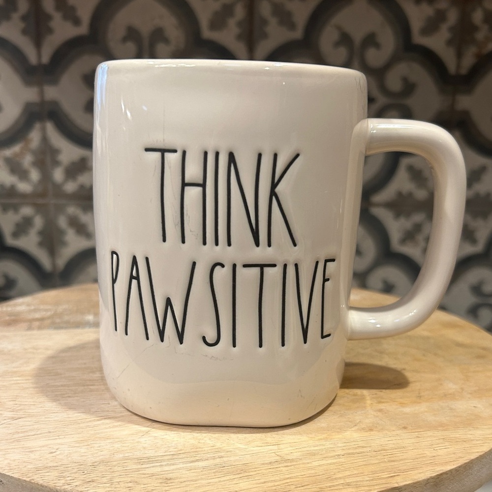 RAE DUNN White 'Think Pawsitive' Mug With Pink Inside- EUC